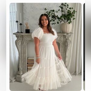 White Puff-Sleeve Tiered Maxi Dress